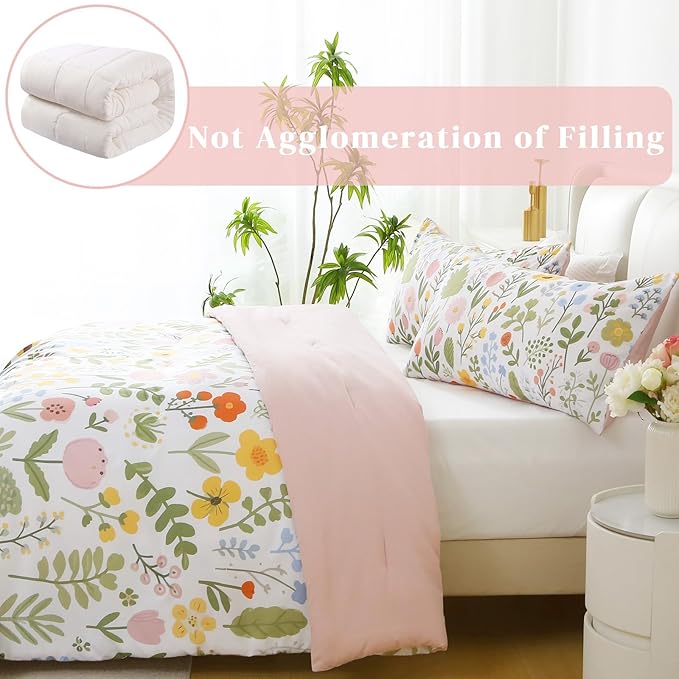 King Comforter Set Pink 3 Pieces Bed in a Bag, Colorful Floral Bedding Sets Elegant Botanical Bed Set, Lightweight Soft Comforter with 2 Pillowcases for All Season