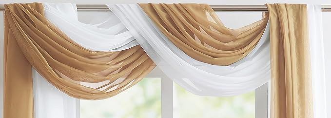 Warm Home Designs Set of 2 White & Caramel Gold Canopy Bed Curtains in 55 x 216 Inch Size. 2 Queen Bed Canopy Curtains Can Be Turned Into Kids Bed Tent or Bed Canopy for Girls. BE White & Gold 216"