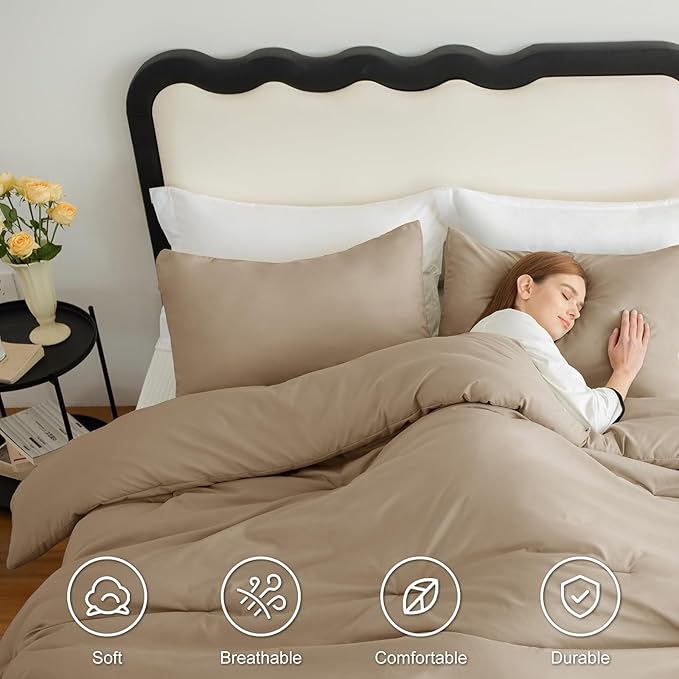 CozyLux Comforter Full Size Set Taupe, 3 Pieces Solid Lightweight Soft Bed Set for All Season, Luxury Breathable Quilted Style Microfiber Down Alternative Bedding Sets (1 Comforter & 2 Pillowcases)