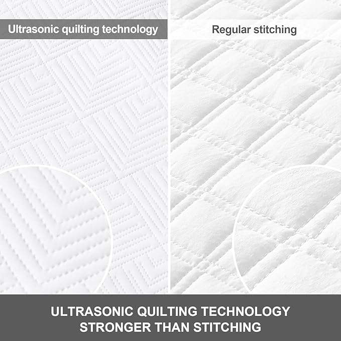Hansleep White Quilt King Size - Geometric Ultrasonic All Season Bedspread King, Soft Lightweight Coverlet Bedding Set, 3 Pieces (1 Quilt, 2 Pillow Shams)