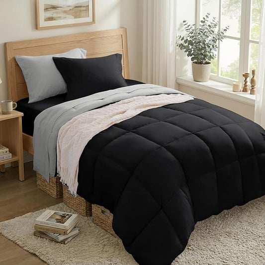 Anluoer Twin Size Bed in a Bag 5 Pieces, Black and Grey Bed Comforter Set with Sheets, All Season Bedding Sets with 1 Comforter, 1 Pillow Sham, 1 Pillowcase, 1 Flat Sheet, 1 Fitted Sheet