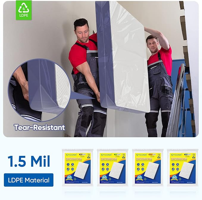 TICONN 2PK Plastic Mattress Bag for Moving Storage, Waterproof Mattress Protector Cover, Heavy-Duty Mattress Moving Supplies (1.5 mil, Queen) (Pack of 2)