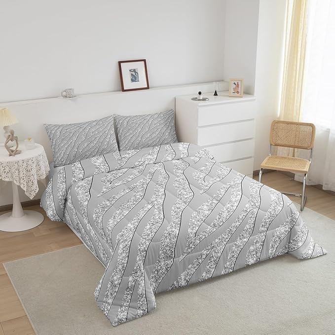 Feelyou Leopard Print Comforter Set Grey Silver Zebra Print Bedding Set Cheetah Glitter Comforter for Kids Boys Girls Women Africa Animal Fur Quilt Room Decor Duvet Set for All Season Twin Size Boys