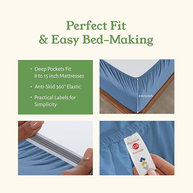California Design Den Soft 100% Organic Cotton Sheets Queen Size Bed Set - Crisp and Cool Percale, Deep Pocket Organic Sheets with Anti-Skid Elastic, Breathable and Durable Bedding Set - Riviera Blue