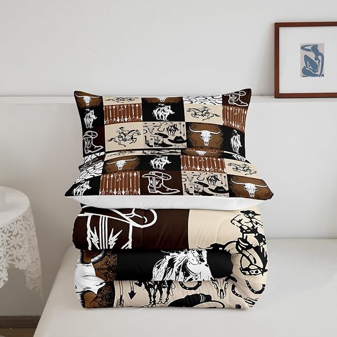 Western Cowboy Comforter Set Kids Teens Vintage Farmhouse Bedding Set Retro Brown Western 3D Geometric Quilt Set Bedroom Decoration King Size 1 Comforter Set 2 Pillowcases
