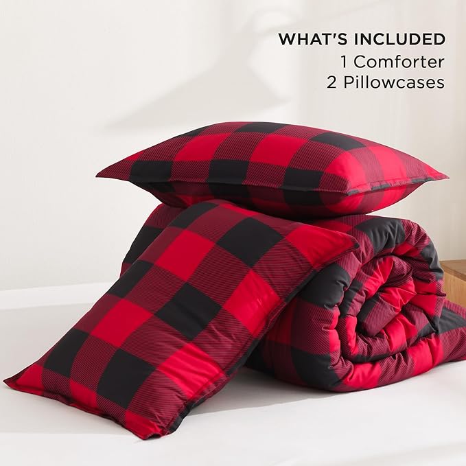 Andency Red and Black Plaid Comforter Set Queen(90x90Inch), 3 Pieces Buffalo Plaid Checkered Gingham Bedding Comforter Sets, Soft Burgundy Lightweight Geometric Down Alternative Bed Set