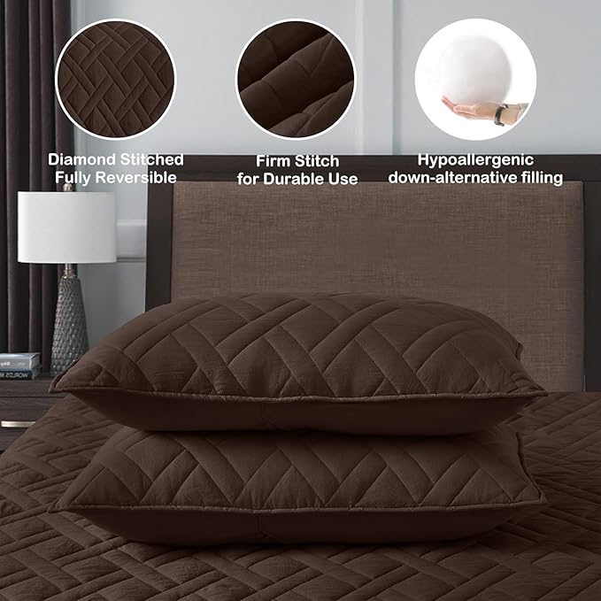 HORIMOTE HOME Quilt Set King Size Chocolate, Classic Geometric Diamond Stitched Pattern, Ultra Soft Microfiber Lightweight Bedding Bedspread Coverlet for All Season with 1 Quilt 2 Pillow Shams