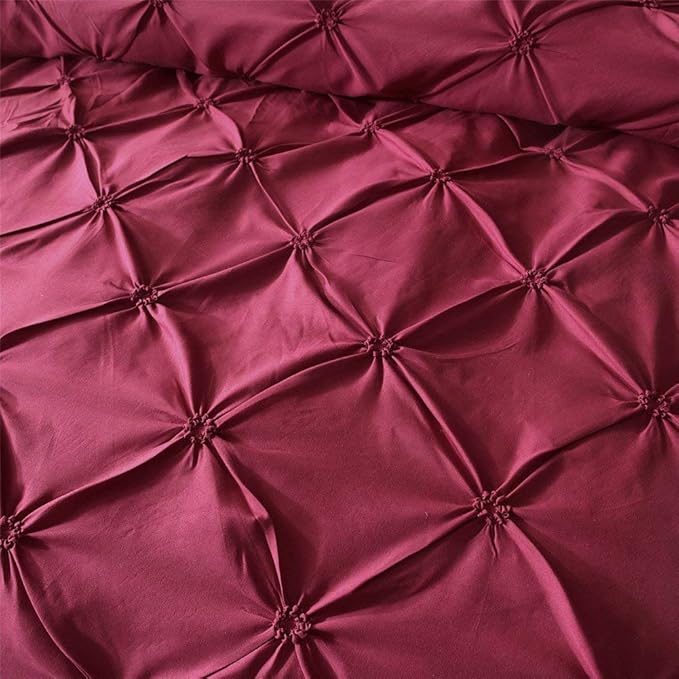 Feelyou Pinch Pleated Duvet Cover Set King 3 Pieces Pintuck Bedding Set Modern Geometric Pintuck Tufted Comforter Cover with 2 Pillow Shams Microfiber Bed Cover Solid Red Chic Decorative Zipper