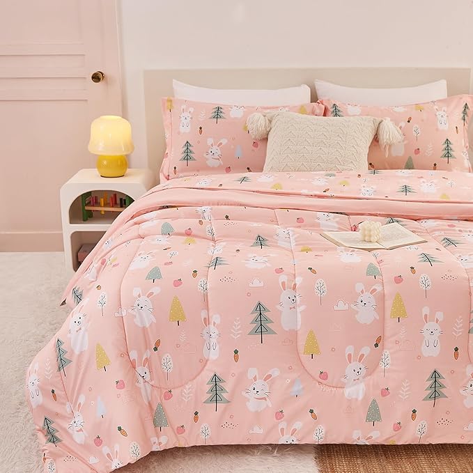 Yibeizi Pink Bunny Kids Comforter Set for Girls Twin, Cute Quilted Printed Woodland Bedding Set with Pillow Sham, Lightweight Soft Breathable Machine Washable Bed Set 2 Piece