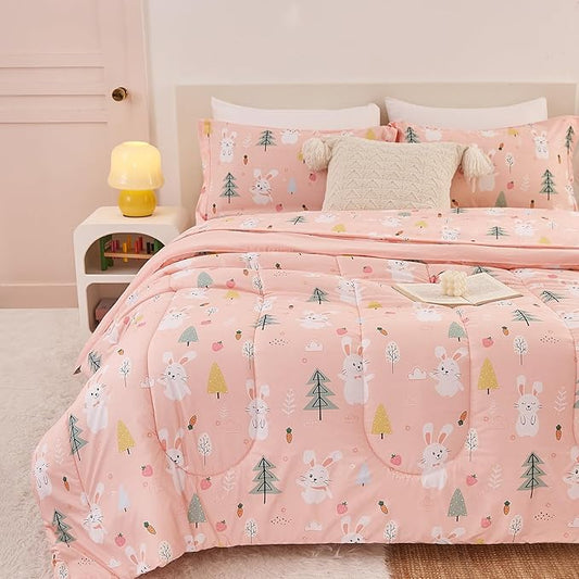 Yibeizi Pink Bunny Kids Comforter Set for Girls Twin, Cute Quilted Printed Woodland Bedding Set with Pillow Sham, Lightweight Soft Breathable Machine Washable Bed Set 2 Piece