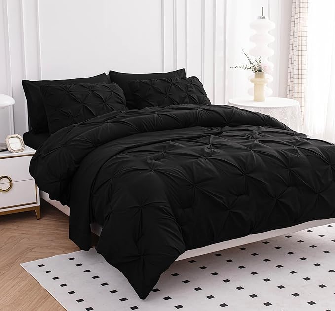 LANE LINEN Bed in a Bag King Size Comforter - 7 PCs Pintuck Modern Comforter Set - Breathable All-Season King Size Bed Set with Sheets, Pillowcases & Shams - Durable Oversized Bedding Sets - Black | Oversized fit, Breathable sleep, Durable daily use, L...