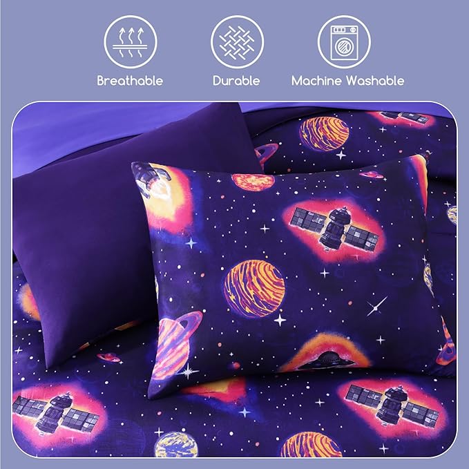 Twin Kids Comforter Set - 5 Pieces Twin Bedding Sets for Boys Teen, Outer Space Rocket Bed in A Bag with Sheets