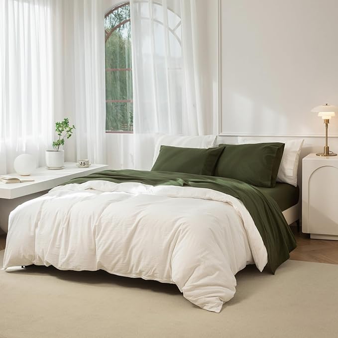 JIYUAN 100% Washed Cotton Sheet Set 4 Pieces Queen,1 Fitted Sheet,1 Flat Sheet and 2 Pillowcases,Comfy and Breathable Linen Like Bedding Set,Olive Green