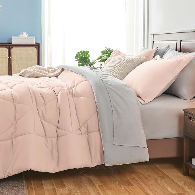 BEDELITE Twin XL Comforter Set 5 Pieces Bed in A Bag - Soft Microfiber Reversible Twin Extra Long Dusty Pink Bed Set with Comforters, Sheets, Pillowcase & Sham, Cozy Bedding Sets for College Dorm Room