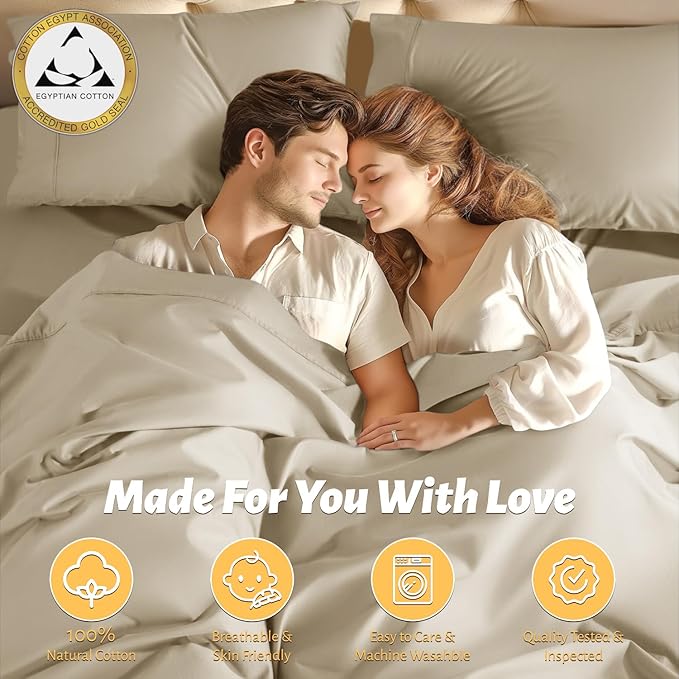 Shilucheng 100% Egyptian Cotton Queen Size Sheets Set - 1000 Thread Count，Luxury Cotton Bed Sheets，Breathable & Cooling Bedding and Pillow Cases, 16 Inch Deep Pocket - 6 Piece (Linen, Queen)