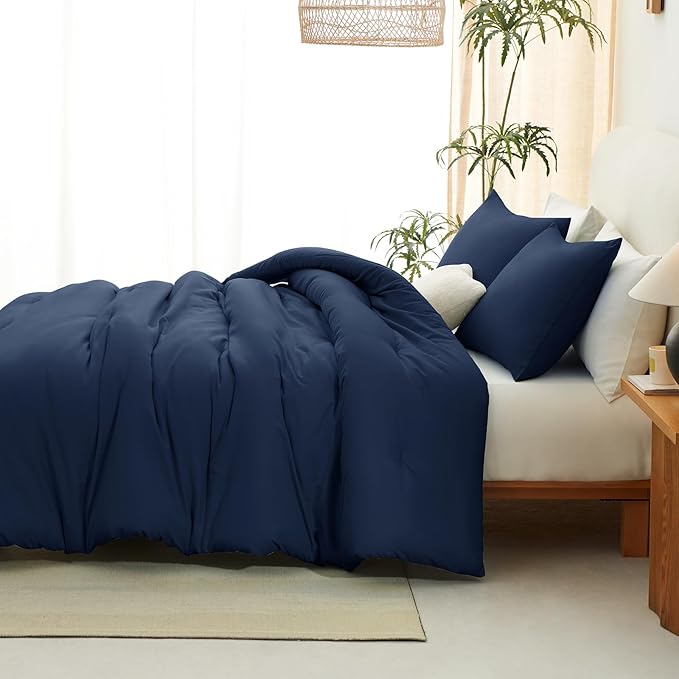 CozyLux California King Comforter Set Navy Blue, 3 Pieces Cal King Solid Breathable Quilted Bedding Sets, Luxury Soft Bed Set with Down Alternative Comforter and 2 Pillowcases for All Season