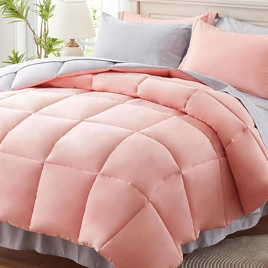 Anluoer King Size Bed in a Bag 7 Pieces, Pink Bed Comforter Set with Sheets, All Season Bedding Sets with 1 Comforter, 2 Pillow Shams, 2 Pillowcases, 1 Flat Sheet, 1 Fitted Sheet