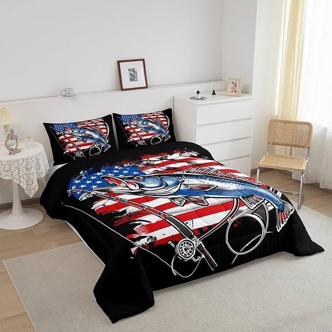 Feelyou Farmhouse Fishing Bedding Set Queen Size Bass Fish American Flag Comforter Set for Kids Boys Girls Teens Fishing Lover Room Wild Pike Fish Decor Comforter Red Blue Stripe Quilted 3Pcs