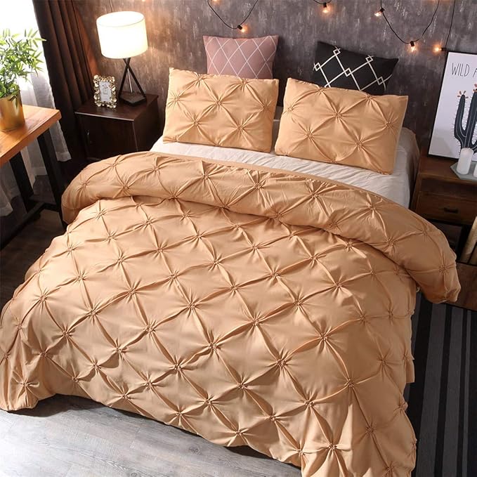 Feelyou Pinch Pleated Bedding Set Pintuck Comforter Cover Twin Size with Zipper Closure Luxurious Pintuck Tufted Duvet Cover Solid Champagne Microfiber Bedspread Cover with 1 Pillow Shams Soft