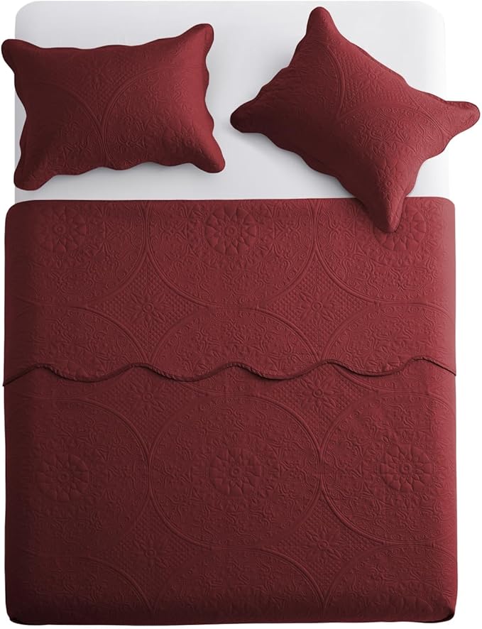 MOONLIGHT20015 King Quilt Bedding Set Size (106" x 96") + 2 Pillow Shams (20" x 36"+ 2") - 3 Pcs All Season Lightweight Reversible Quilt Bedspread Microfiber Floral Embossed Coverlet (Burgundy)