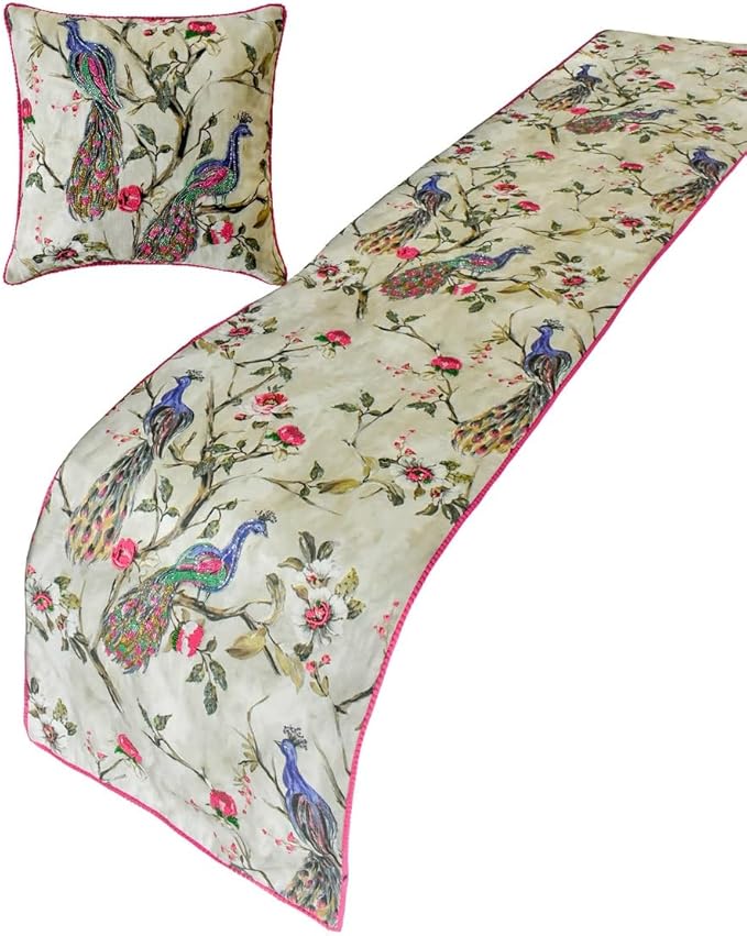 The HomeCentric King/Queen/Twin Pink & Purple Luxury Full 68"x18" Bed Runner with Two Pillow Cover, Peacock, Beaded, Pom Pom Lace Bed Scarf on Cotton Fabric - Pavo Paradiso