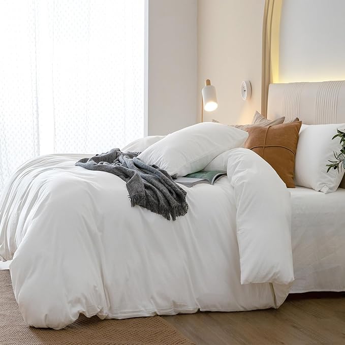 JIYUAN 100% Washed Cotton Duvet Cover Set 3 Pieces Cal King, 1 Duvet Cover 104x98 Inches(Comforter Not Included) and 2 Pillowcases,Linen Feel Bedding Set Comfy and Breathable,Bright White