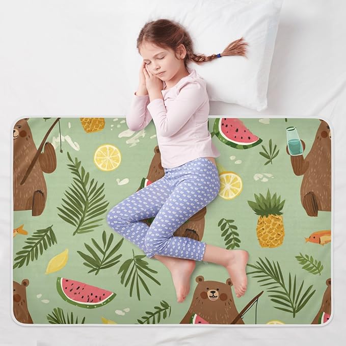 Waterproof Bed Pad Reusable Changing Pad Toddler Mattress Protector Large Pee Pad Baby Diaper Pad Soft Washable Liner Summer Watermelon Brown Bears Green