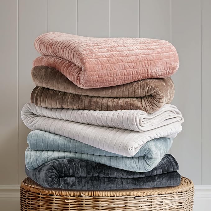 EVERGRACE Velvet Quilt Set King Size, Luxurious Soft Striped Channel Bedding Set, Lightweight Velvet Comforter for All Season, Oversized Bedspread Coverlet with 2 Matching Shams, Pink Clay