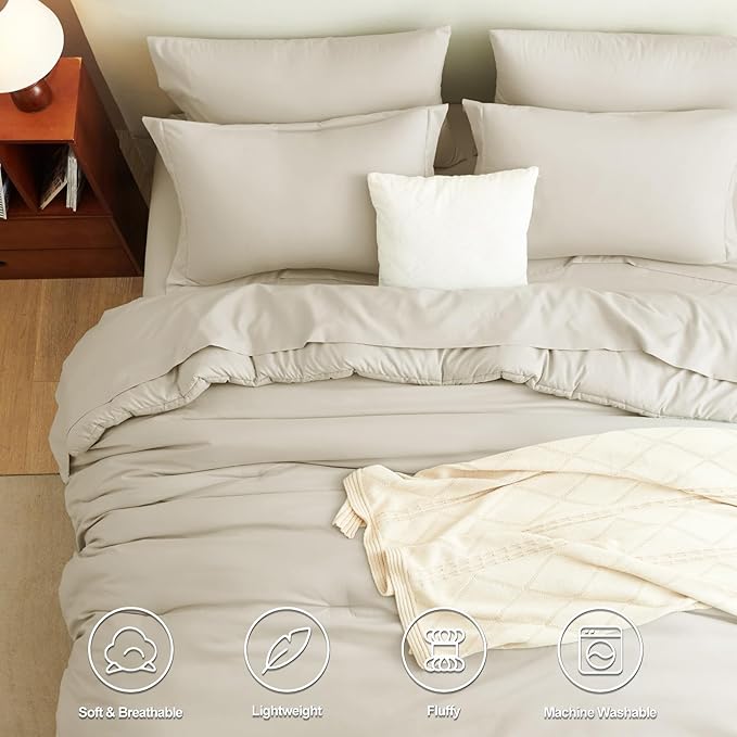 CozyLux Full Comforter Set Oatmeal, 7 Pieces Bed in a Bag Soft Bedding Comforter Set with Sheets, All Season Boho 7PC Bed Sets with Comforter, Fitted Sheets, Flat Sheets, Pillow Shams and Pillowcases