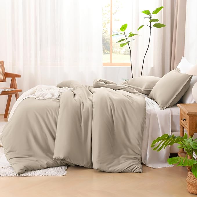 Litanika Comforters Khaki Oversized Queen Size, 3 Pieces Lightweight Solid Bedding Comforter Set, All Season Fluffy Bed Set (98x98In Comforter & 2 Pillowcases)