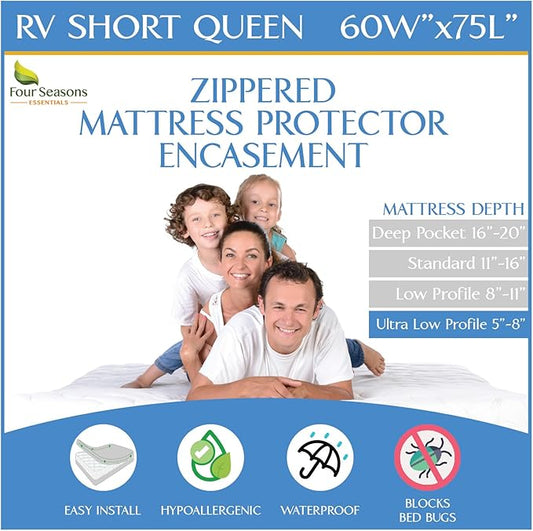 RV Short Queen Size Mattress or Box Spring Encasement (5" to 8" Depth) - Waterproof Zippered Protector Hypoallergenic Premium Bed Cover Protects from Dust Allergens
