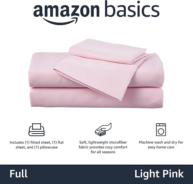 Amazon Basics Kid's Soft,Breathable Microfiber 4-Piece Sheet Set,Full,Light Pink,Solid,(Pack of 4)