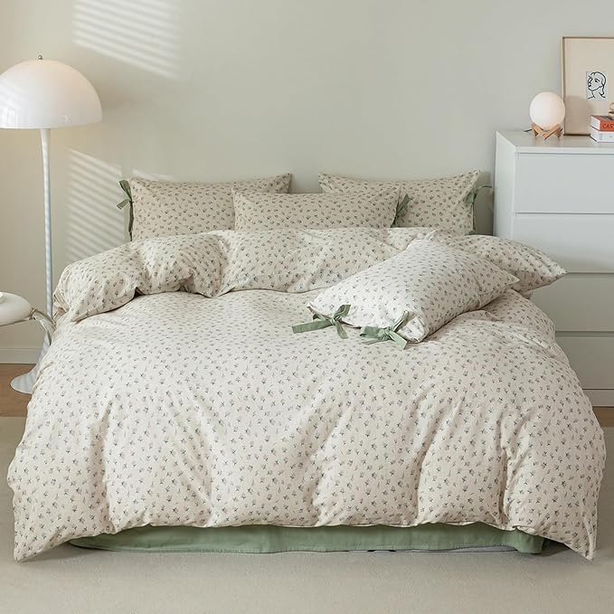 HighBuy Girl Duvet Cover Twin XL Floral Bedding Boho Soft Cotton Coquette Comforter Cover Twin XL with 2 Bowknot Bow Tie Pillowcases,Farmhouse Vintage 3 Pieces Cute Flowers Bedding Set Ultra Soft