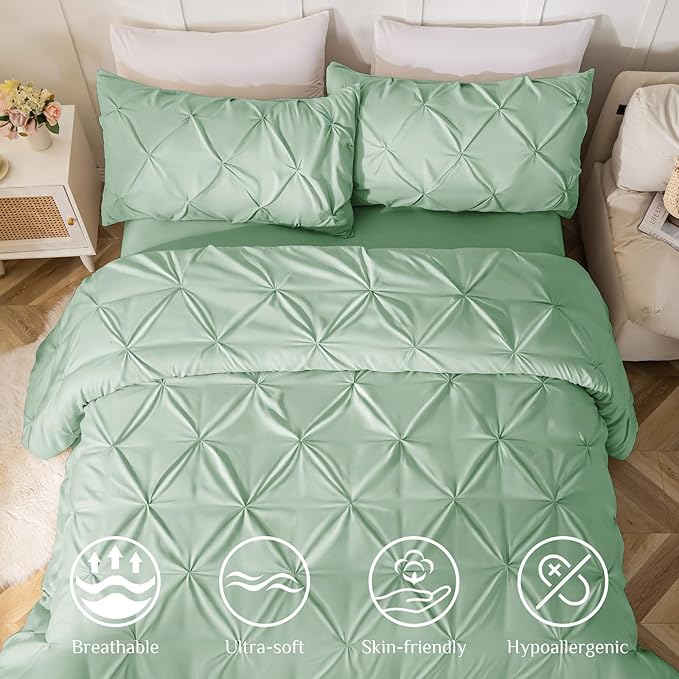 JOLLYVOGUE King Size Comforter Set 7 Pieces - Bed in a Bag King for All Season, Pintuck Bedding Comforter Sets with Comforter, Flat Sheet, Fitted Sheet and Pillowcases & Shams, Sage Green