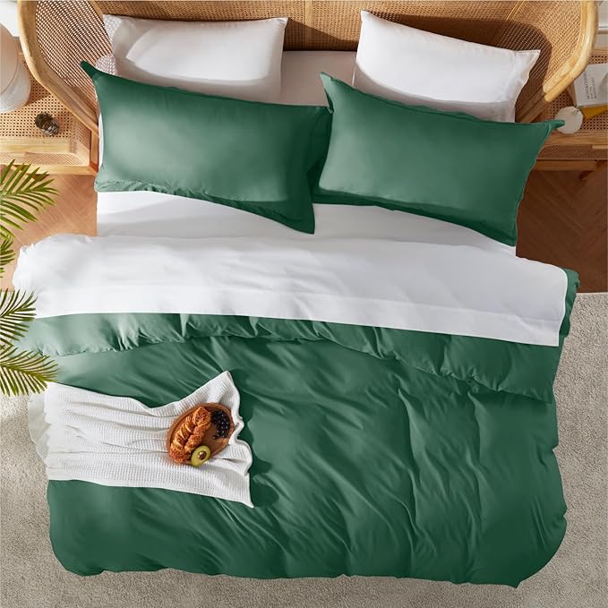 Nestl California King Duvet Cover Set with Comforter Insert - Dark Green 4 Piece 104x98 Duvet Cover & 2 Pillow Shams with White Quilted Down Alternative Comforter, Ultra Soft, All Season