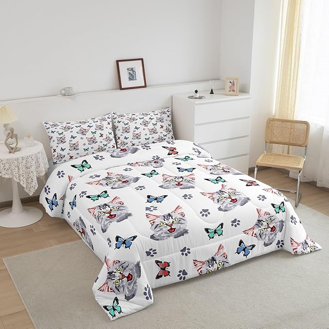 Feelyou Kids Cute Cat Comforter Set Colorful Butterfly Cute Kitten Bedding Set for Boys Girls Cartoon Pet Cats Comforter Kawaii Animal Quilt Room Decor Duvet Set Queen Size Boys