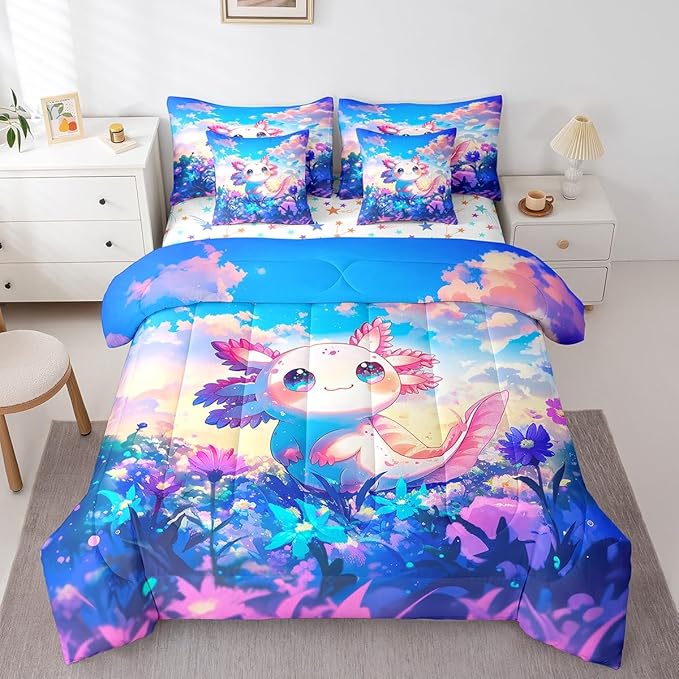 Feelyou Kids Cute Axolotl 7 Pieces Bedding Set Full Size, Cartoon Animal Comforter Set with Sheets Boys Girls Kawaii Ocean Sealife Bed in A Bag Floral Teens Bed Set Bedroom Decor 7Pcs
