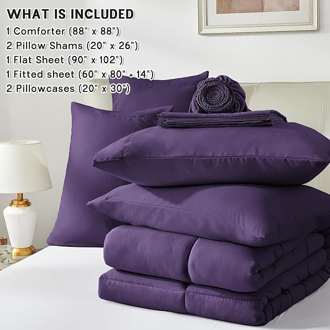 Anluoer Queen Comforter Set 7 Piece, Dark Purple Bed in a Bag with Sheets, Comforters Queen Size Bedding Sets with 1 Comforter, 2 Pillow Shams, 2 Pillowcases, 1 Flat Sheet,1 Fitted Sheet