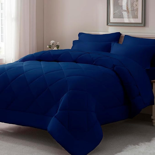 ELNIDO QUEEN® King Size Comforter Set Navy - 7 Pieces King Bed in a Bag, Bed Set All Seasons, Soft Navy Bedding Sets with Dark Blue Comforter, Flat Sheet, Fitted Sheet, Pillowcases and Pillow Shams