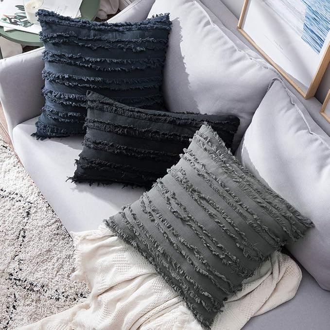 MIULEE Set of 2 Decorative Boho Throw Pillow Covers Linen Striped Jacquard Pattern Cushion Covers for Sofa Couch Living Room Bedroom 20x20 Inch Dark Grey