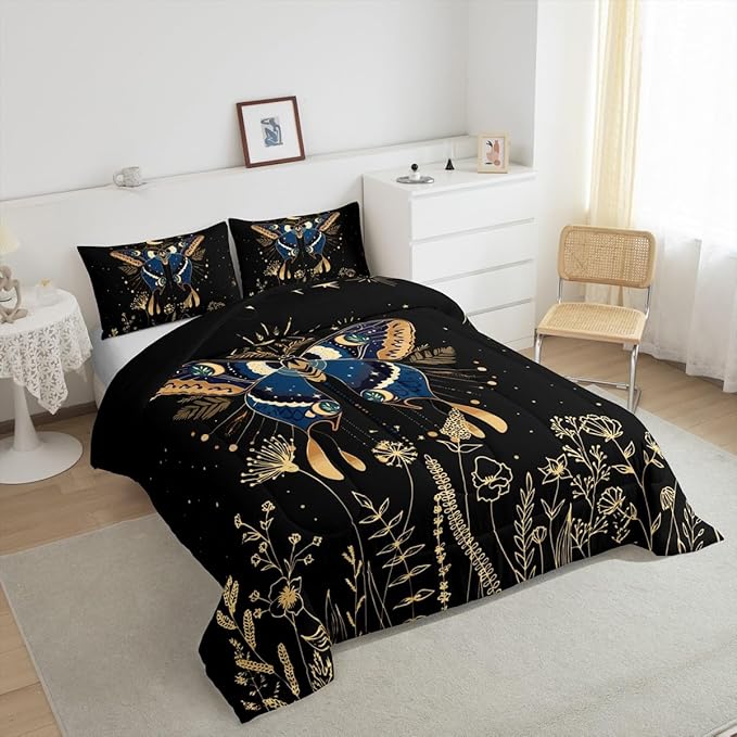 Erosebridal Butterfly Bedding Set Queen,Flower Weed Botanical Duvet Set for Adult Women Men 3Pcs,Black Starry Sky Quilted Comforter Boho Exotic Moon Star Comforter Set Soft Cozy Microfiber