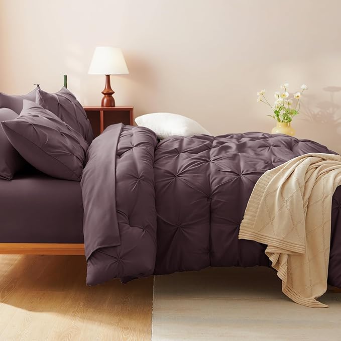 CozyLux King Size Comforter Set Cocoa Powder, 7 Pieces Pintuck Bed in A Bag Cocoa Powder Comforter King Size, Pinch Pleat Bedding Set with All Season Comforter, Sheets, Pillowcases & Shams