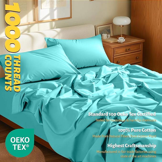 Shilucheng 100% Egyptian Cotton Queen Size Sheets Set - 1000 Thread Count，Luxury Cotton Bed Sheets，Breathable & Cooling Bedding and Pillow Cases, 16 Inch Deep Pocket - 4 Piece (Seafoam, Queen)