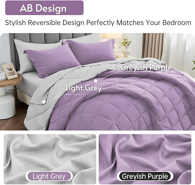 MUXHOMO 7 Pieces California King Comforter Set, Reversible Bed in a Bag Cal King Size, All Season Bedding Set with Comforter, Flat Sheet, Fitted Sheet, Pillowcases & Shams, Greyish Purple & Light Grey