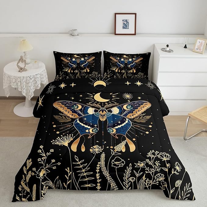 Erosebridal Butterfly Bedding Set Queen,Flower Weed Botanical Duvet Set for Adult Women Men 3Pcs,Black Starry Sky Quilted Comforter Boho Exotic Moon Star Comforter Set Soft Cozy Microfiber