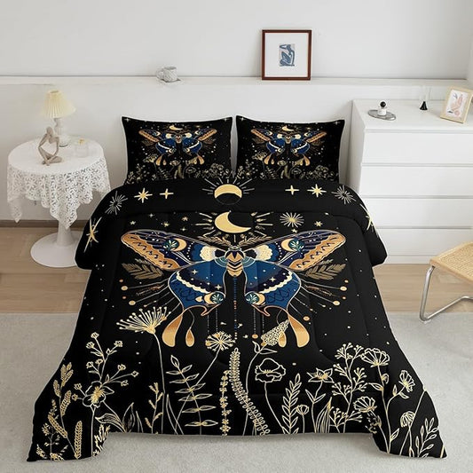 Erosebridal Butterfly Bedding Set Queen,Flower Weed Botanical Duvet Set for Adult Women Men 3Pcs,Black Starry Sky Quilted Comforter Boho Exotic Moon Star Comforter Set Soft Cozy Microfiber