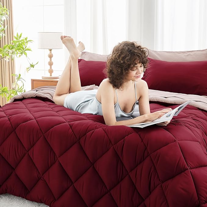 MUXHOMO 5 Pieces Twin Comforter Set, Reversible Bed in a Bag Twin Size, All Season Bedding Set with Comforter, Flat Sheet, Fitted Sheet, Pillowcases & Shams, Burgundy & Rose Gold