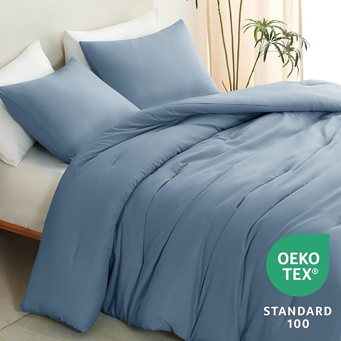 CozyLux California King Comforter Set Grayish Blue, 3 Pieces Cal King Solid Breathable Quilted Bedding Sets, Luxury Soft Bed Set with Down Alternative Comforter and 2 Pillowcases for All Season