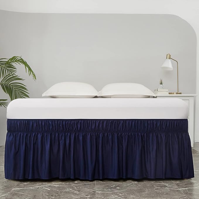 MEILA Wrap Around Bed Skirt Three Fabric Sides Elastic Dust Ruffled 18 Inch Tailored Drop,Easy to Install Fade Resistant-Navy Blue, Queen/King