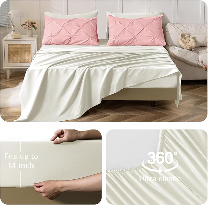 JOLLYVOGUE California King Comforter Set 7 Pieces - Bed in a Bag Cal King for All Season, Pintuck Bedding Comforter Sets with Comforter, Flat Sheet, Fitted Sheet and Pillowcases & Shams, Pink & Ivory